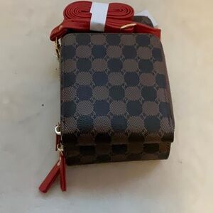 Elegant Brown and Red Crossbody Bag with Bold Accents